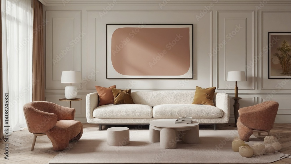 A sleek, modern living room featuring stylish seating arrangements, textured furnishings, and a warm, inviting color palette.