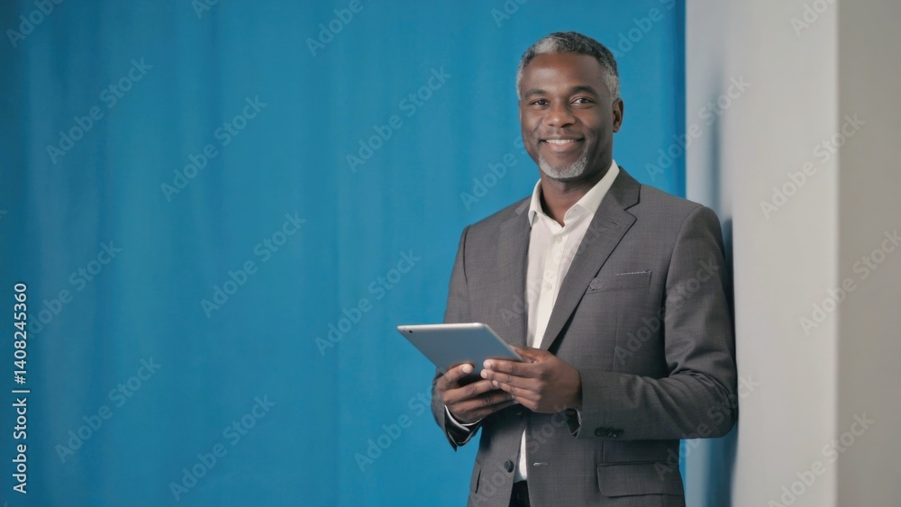 Businessman smiling and holding tablet in office.