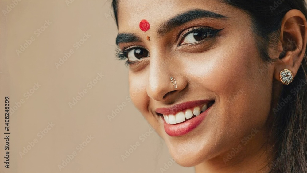A smiling Indian woman in a dress with makeup and jewelry, posing for the camera.