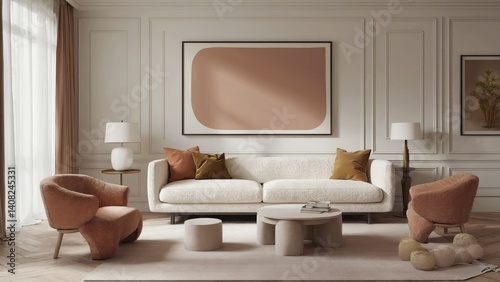 Obraz na płótnie A sleek, modern living room featuring stylish seating arrangements, textured furnishings, and a warm, inviting color palette. w salonie