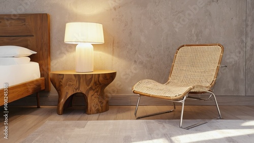Obraz na płótnie Modern bedroom with wicker chair and wooden table. A well-lit space with minimalistic design. w salonie