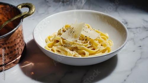 Obraz na płótnie Baked rigatoni pasta served with shredded cheese and herbs on a white plate on a marble tabletop. w salonie