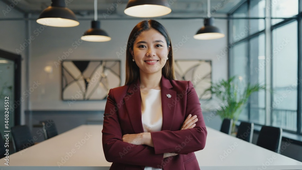 Smiling businesswoman with hands on hips in modern office environment.