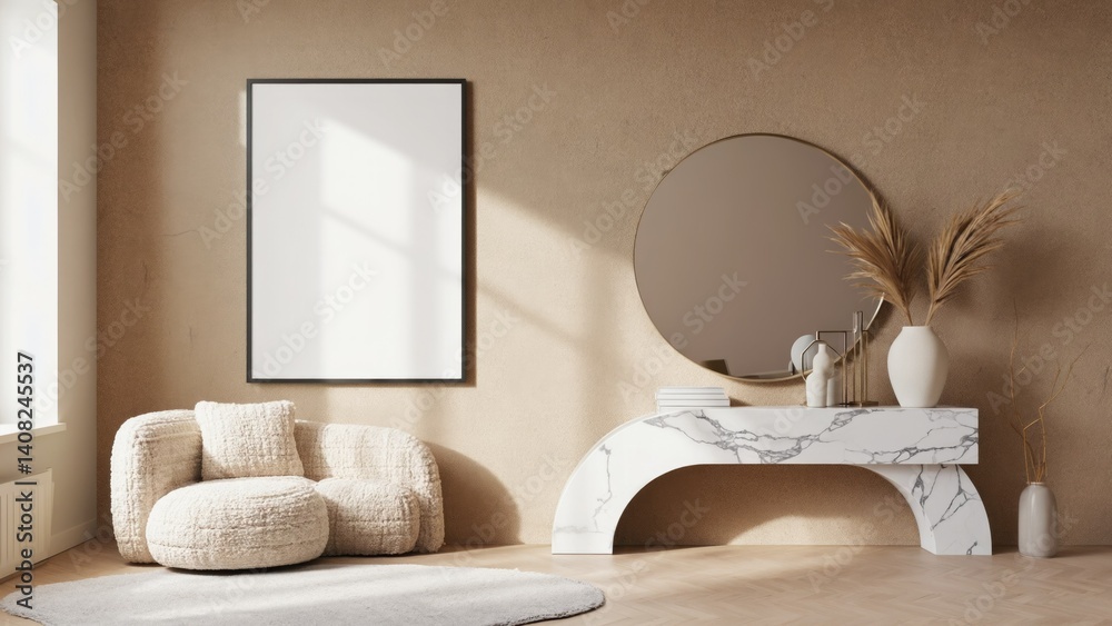 Cozy and modern living room furniture arrangement, featuring minimalistic decor with a warm beige color scheme.