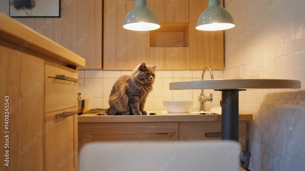 A fluffy domestic long-haired cat sits on a kitchen counter.