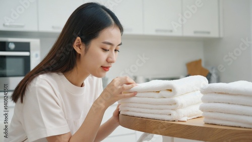 An image of an Asian woman focused on folding white towels in a modern kitchen with appliances.