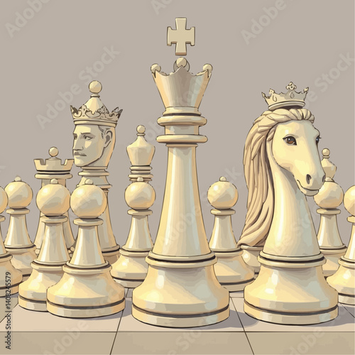 Elegant Chess Set - Stylized White Pieces on a Classic Board for Strategy and Game Design