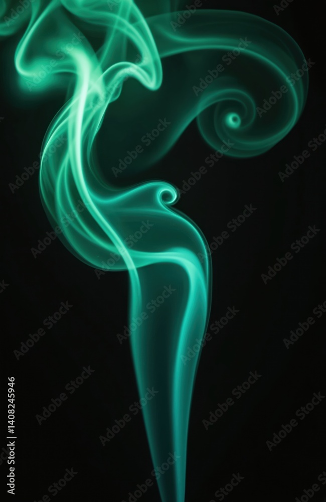 Obraz premium Close-up of vibrant green smoke patterns on black background. Swirling smoke texture abstract art design. Dynamic form, cool abstract art. Perfect for meditation, relaxation, aroma, hookah,