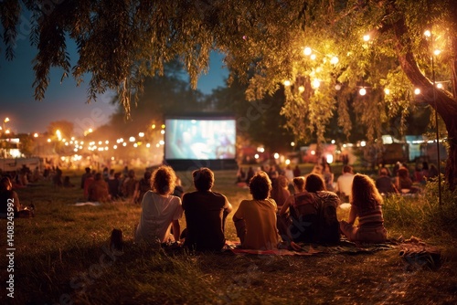 Friends and families gather to watch a movie outdoors during a warm summer evening.