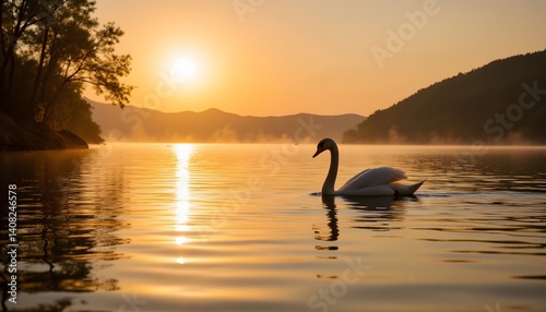 Create a serene and harmonious scene depicting a golden sunset over a tranquil lake, where soft ripples gently kiss the shoreline and a lone swan glides gracefully across the glassy water