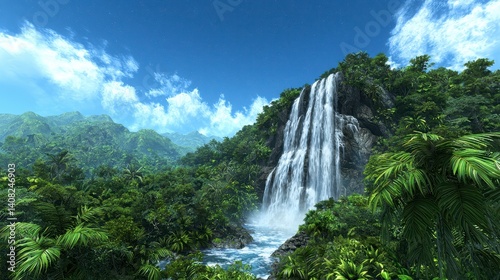 Majestic Waterfall Surrounded by Lush Green Jungle Landscape