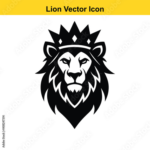Lion vector illustration, a wild animal with a black silhouette and mane, like a drawing of a powerful mammal.