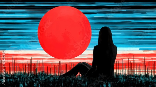 Silhouette of Woman Sitting Under Vibrant Red Sun at Dusk