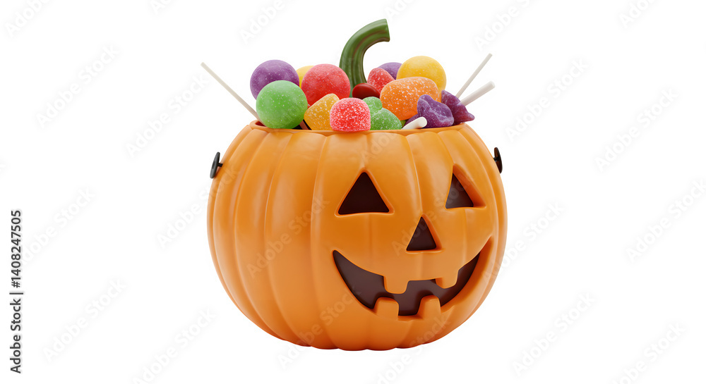 Fototapeta premium scary pumpkin bucket isolated on transparent background, trick or treat bucket isolated on transparent background, halloween treat bucket isolated on transparent background