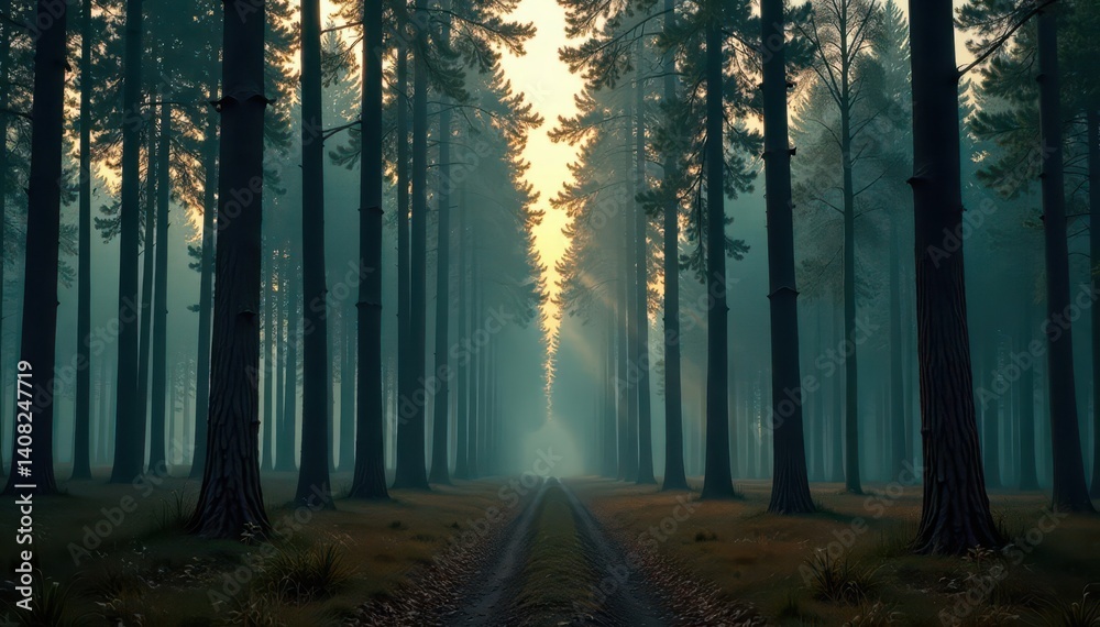 Fototapeta premium Tall, slender poplars, muted light, somber mood, dramatic, muted