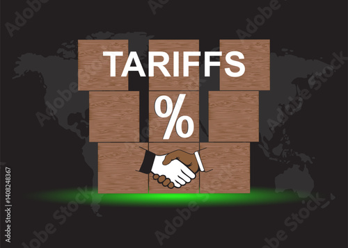 Tariff Negotiation concept. Wooden block with handshake icon, percent and word tariffs for negotiation, agreement, cooperation, business partnership.
