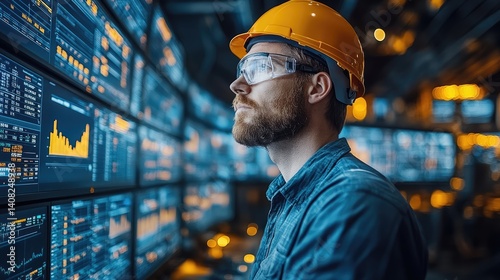 A man wearing a helmet surveys digital data monitors carefully