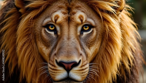The portrait captures the essence of a powerful lion, with its golden fur shimmering in the light, sharp eyes fixed on the horizon, and a mane flowing like a crown around its regal face.