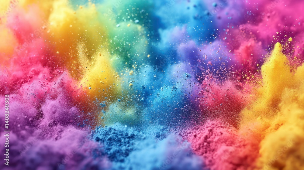 Fototapeta premium Vibrant explosion of colorful powder. A dynamic display of multicolored powder particles suspended in mid-air, creating a rainbow effect. A burst of color