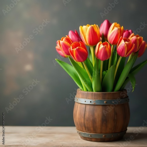 Wallpaper Mural Vibrant tulips burst from rustic wooden planter , orange, springtime, box Torontodigital.ca