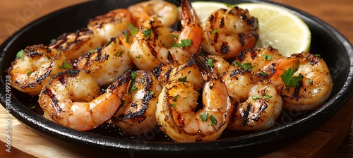 Panel kuchenny z motywem A sizzling plate of grilled shrimp skewers with garlic butter