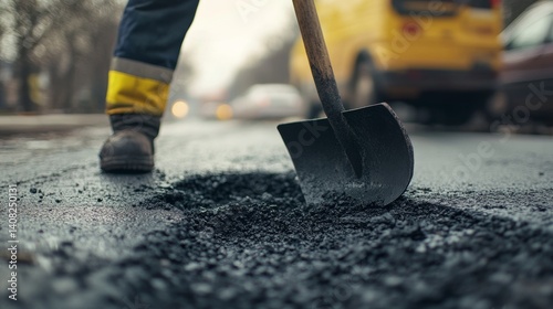 Road worker fixing a pothole on a busy street. Featuring problem-solving and team effort