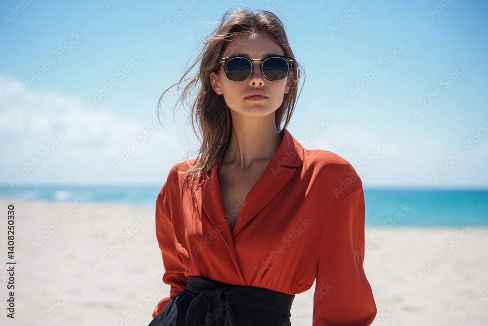 Model in minimalist outfit and sunglasses walking on the beach Model in minimalist outfit and sunglasses walking on the beach