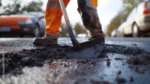 Road worker fixing a pothole on a busy street. Featuring problem-solving and team effort