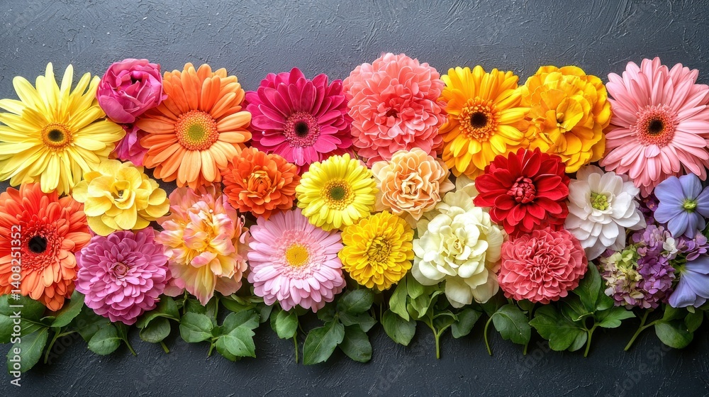 Obraz premium Vibrant floral arrangement in a spectrum of colors. A variety of flowers, including gerbera daisies, carnations, roses, and dahlias