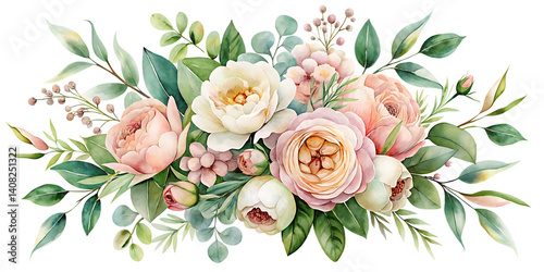 Watercolor floral illustration bouquet set - green leaves, pink peach blush white flowers branches. Wedding invitations, greetings, wallpapers, prints. Eucalyptus, olive, peony ,isolated on wHITE BACK