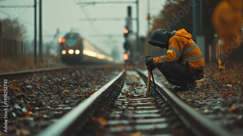 Railway maintenance worker inspecting tracks with specialized tools. Featuring infrastructure upkeep and precision