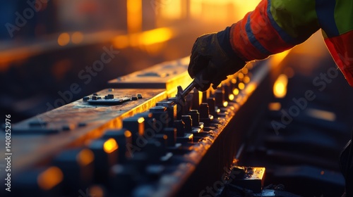 Railway track maintenance worker securing bolts on steel rails. Featuring precision and infrastructure upkeep