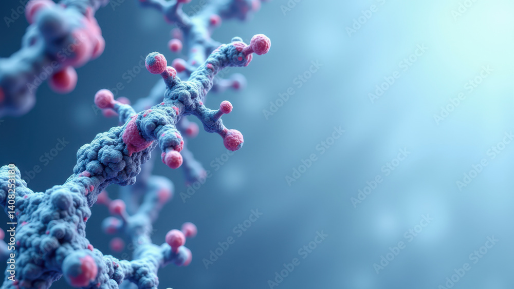 Stunning microscopic view of a GLP1 molecule with blue structure and pink spheres. Stunning microscopic view of a GLP1 molecule with blue structure and pink spheres.