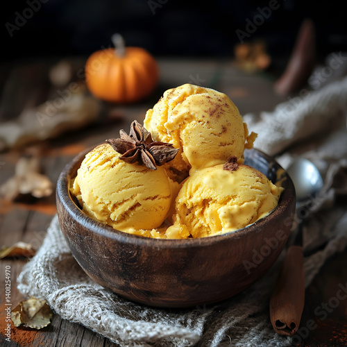 Delicious pumpkin ice cream served in a wooden bowl with spices and autumn decorations