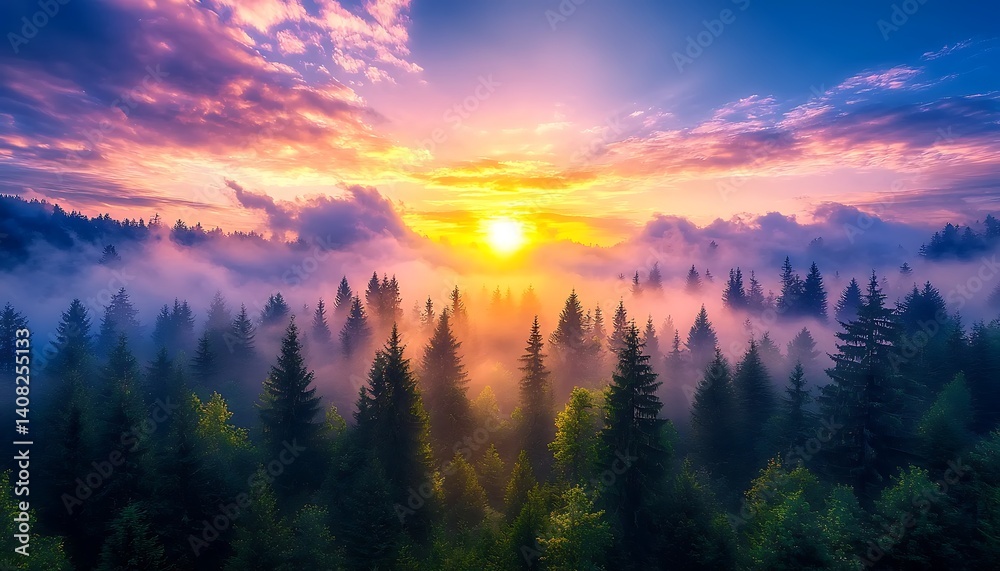 Obraz premium Mountain Sunrise, Misty Forest