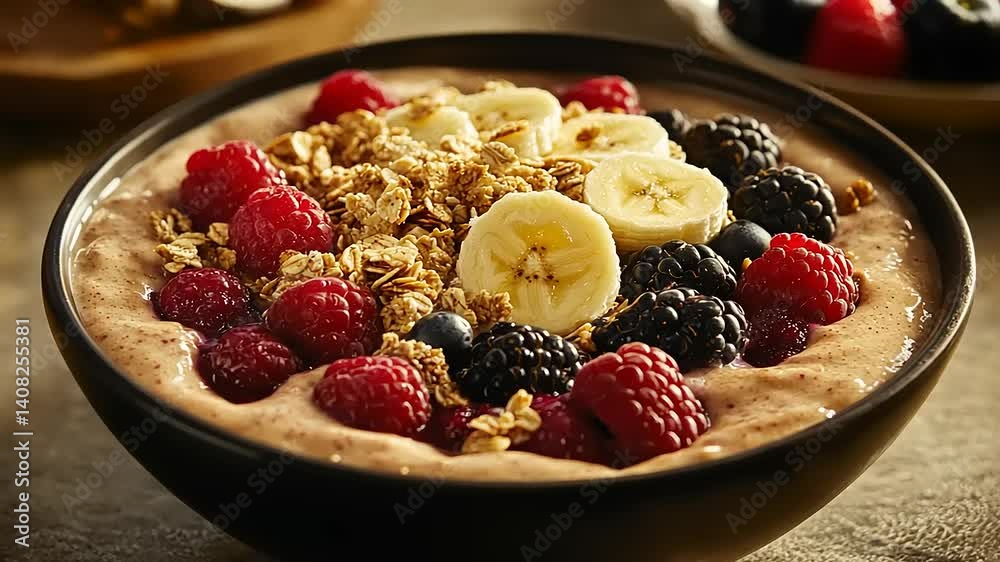 Delicious smoothie bowl topped with fresh berries and granola, perfect for a healthy breakfast