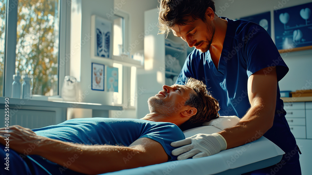 A healthcare professional in blue scrubs and white gloves examines a patient lying on a treatment table in a bright medical office with anatomical diagrams on the wall