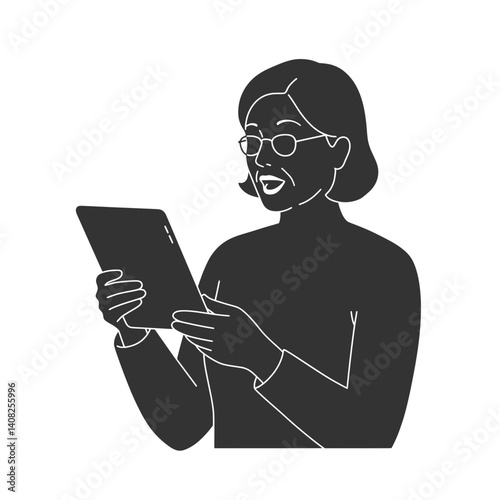 Senior Woman Tablet Teletherapy Speaking Silhouette Vector