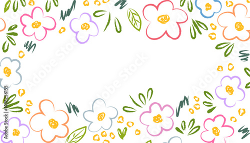 Floral banner with space for text, frame with pastel colorful flowers and leaves. Delicate hand drawn simple flowers and leaves, brush strokes. Vector background for social networks and printing