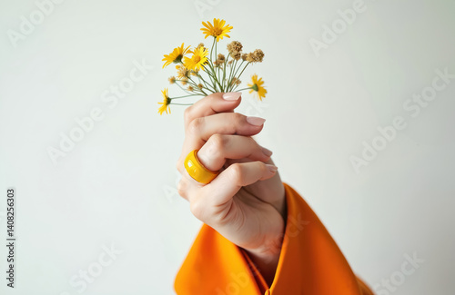 Close-up image of woman hand with trendy nude manicure, big yellow ring. Girl holding yellow dried flowers against orange jacket on white backdrop. Elegant spring fashion, beauty salon. Stylish,