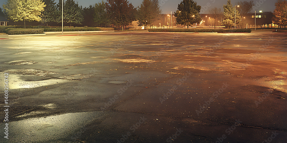 Empty parking lot at night streetlights reflecting off wet asphalt creating a hazy and somewhat desolate scene.