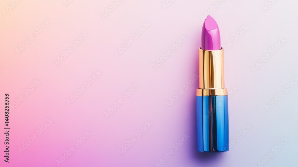 Pink lipstick on gradient background with gold and blue tube Pink lipstick on gradient background with gold and blue tube
