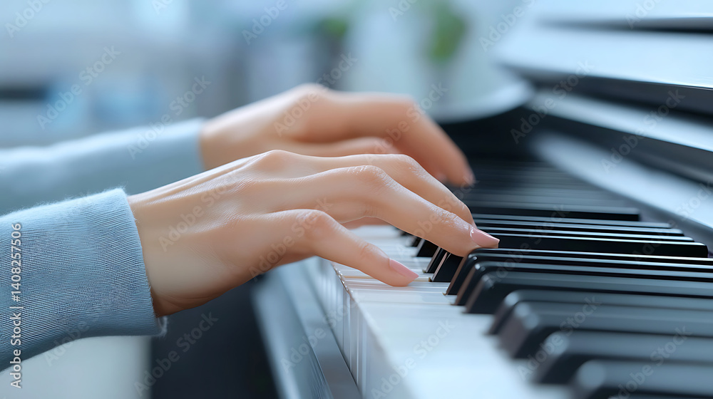 Obraz premium Close-up of hands playing a piano fingers gracefully poised above the black and white keys creating music.