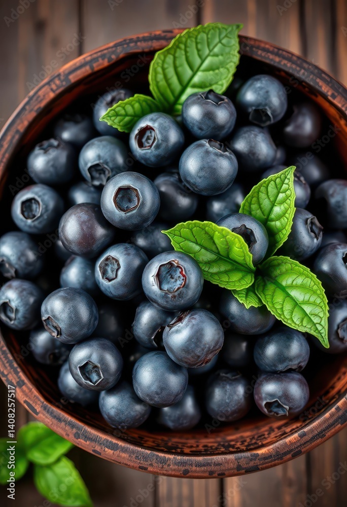 A rustic bowl overflowing with plump blueberries, adorned with a vibrant green leaf, bright, delicious, ripe A rustic bowl overflowing with plump blueberries, adorned with a vibrant green leaf, bright, delicious, ripe