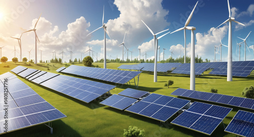 Sustainable Energy Sources Wind Turbines and Solar Panels – Vector Illustration