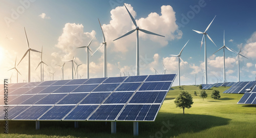 Sustainable Energy Sources Wind Turbines and Solar Panels – Vector Illustration