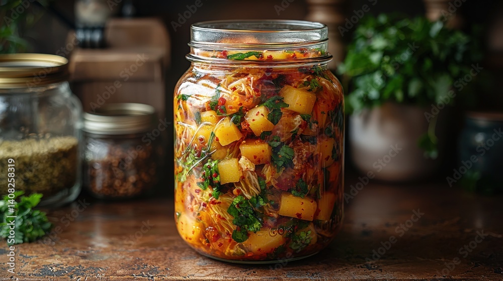 Homemade kimchi in a glass jar with beneficial bacteria on rustic kitchen counter Homemade kimchi in a glass jar with beneficial bacteria on rustic kitchen counter