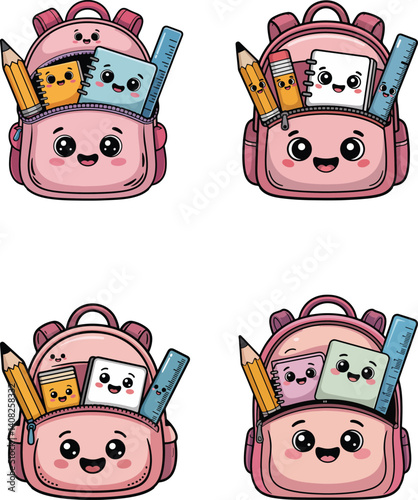 Cute Kawaii School Backpack with Happy Stationery Cartoon Set