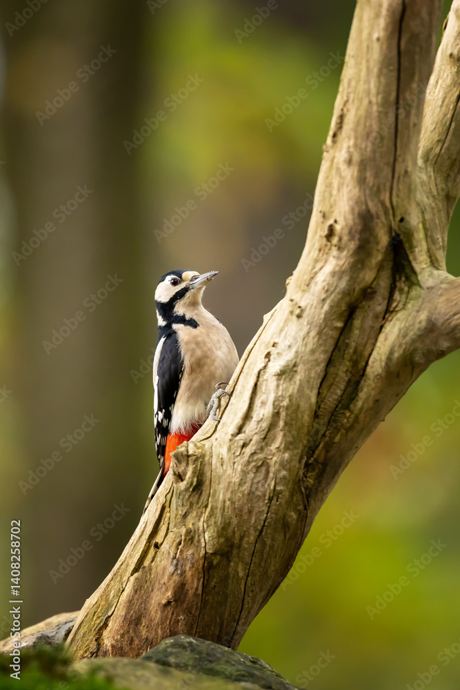 Great Spotted Woodpecker (Dendrocopos major), detail close-up portrait of bird with red cap, black and white animal in the forest habitat, clear background, Czech republic