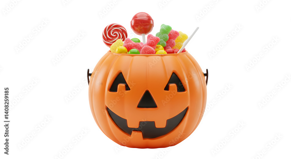 Fototapeta premium scary pumpkin bucket isolated on transparent background, trick or treat bucket isolated on transparent background, halloween treat bucket isolated on transparent background